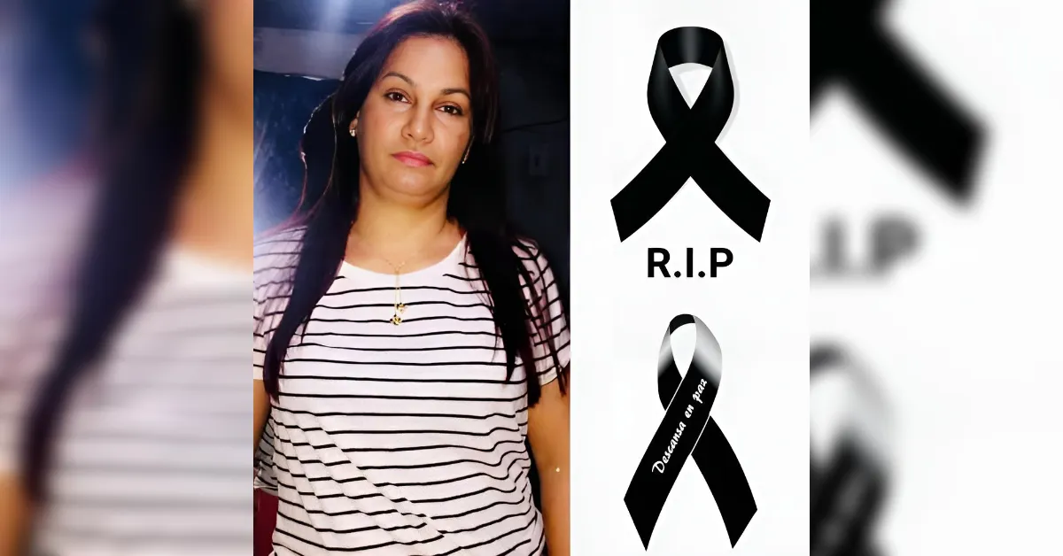 Portrait of a woman in a striped shirt beside a memorial panel featuring black ribbons and the text 'R.I.P' (Descansa en paz).