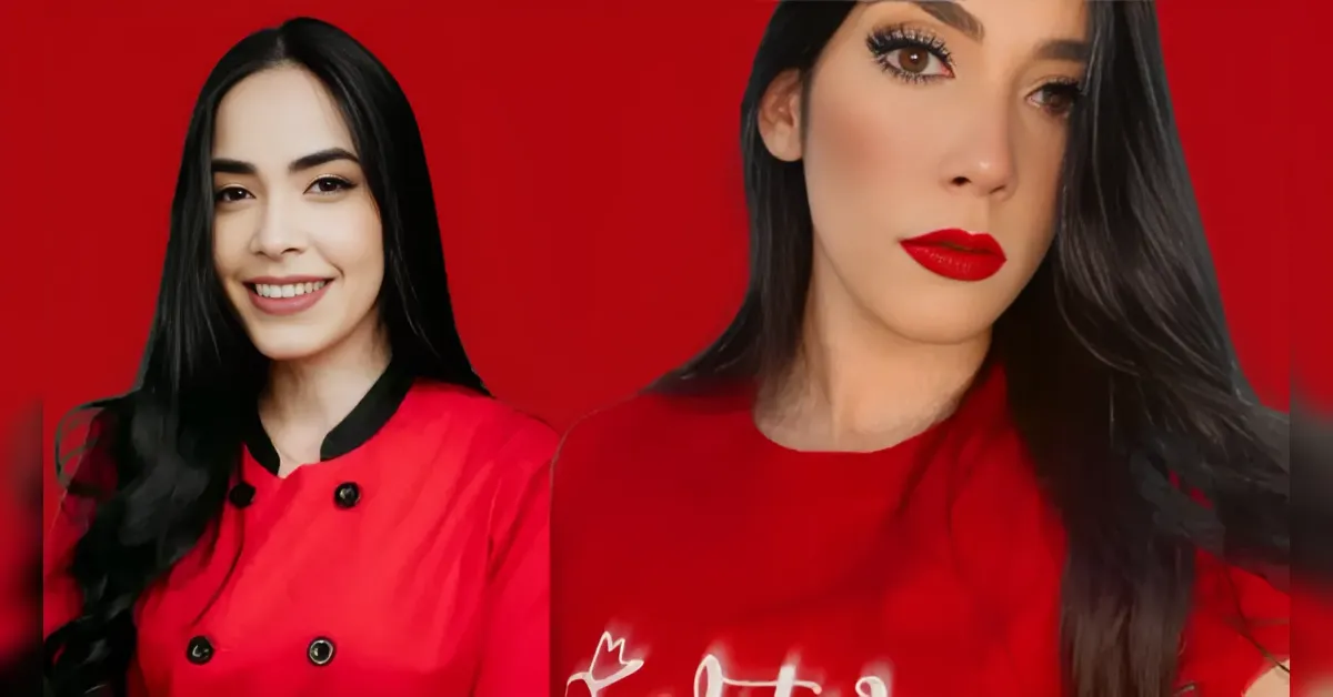 Two women with dark hair wearing red outfits stand against a solid red background; one smiles on the left in a chef's jacket, the other on the right with bold makeup.