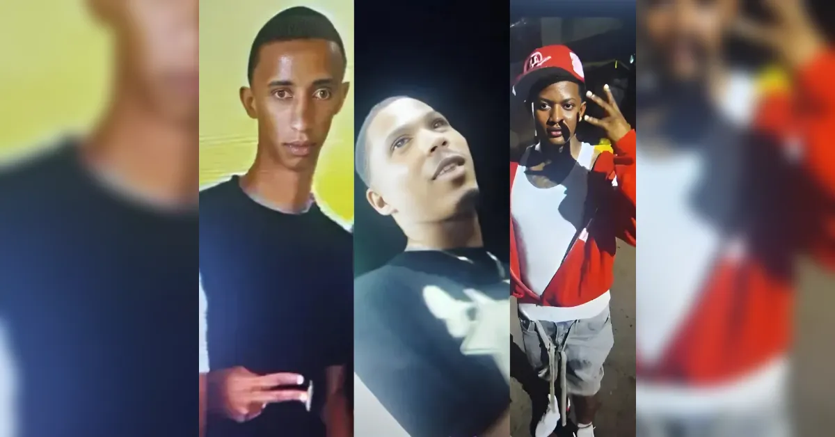 Collage of five young men in casual outfits posing for the camera (left and right edges blurred).