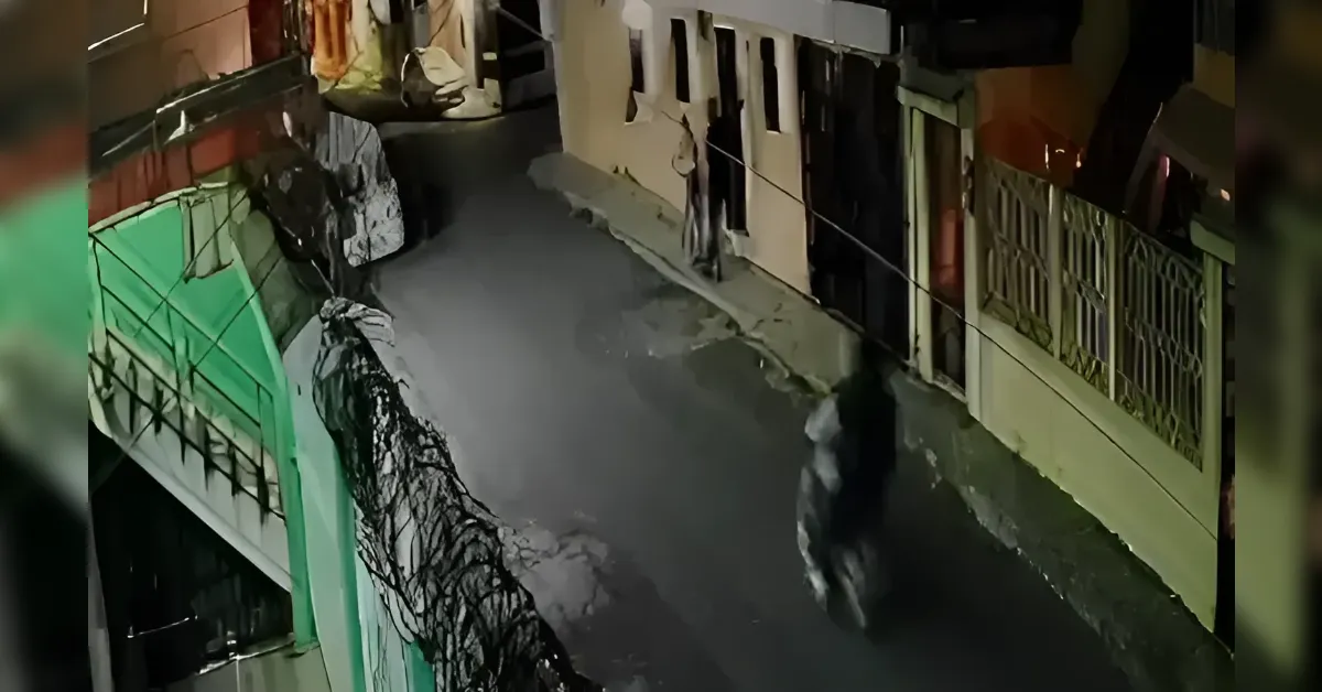 Nighttime alley street with a motorcyclist riding along a wet road between buildings, a green gate on the left and barbed fencing nearby.