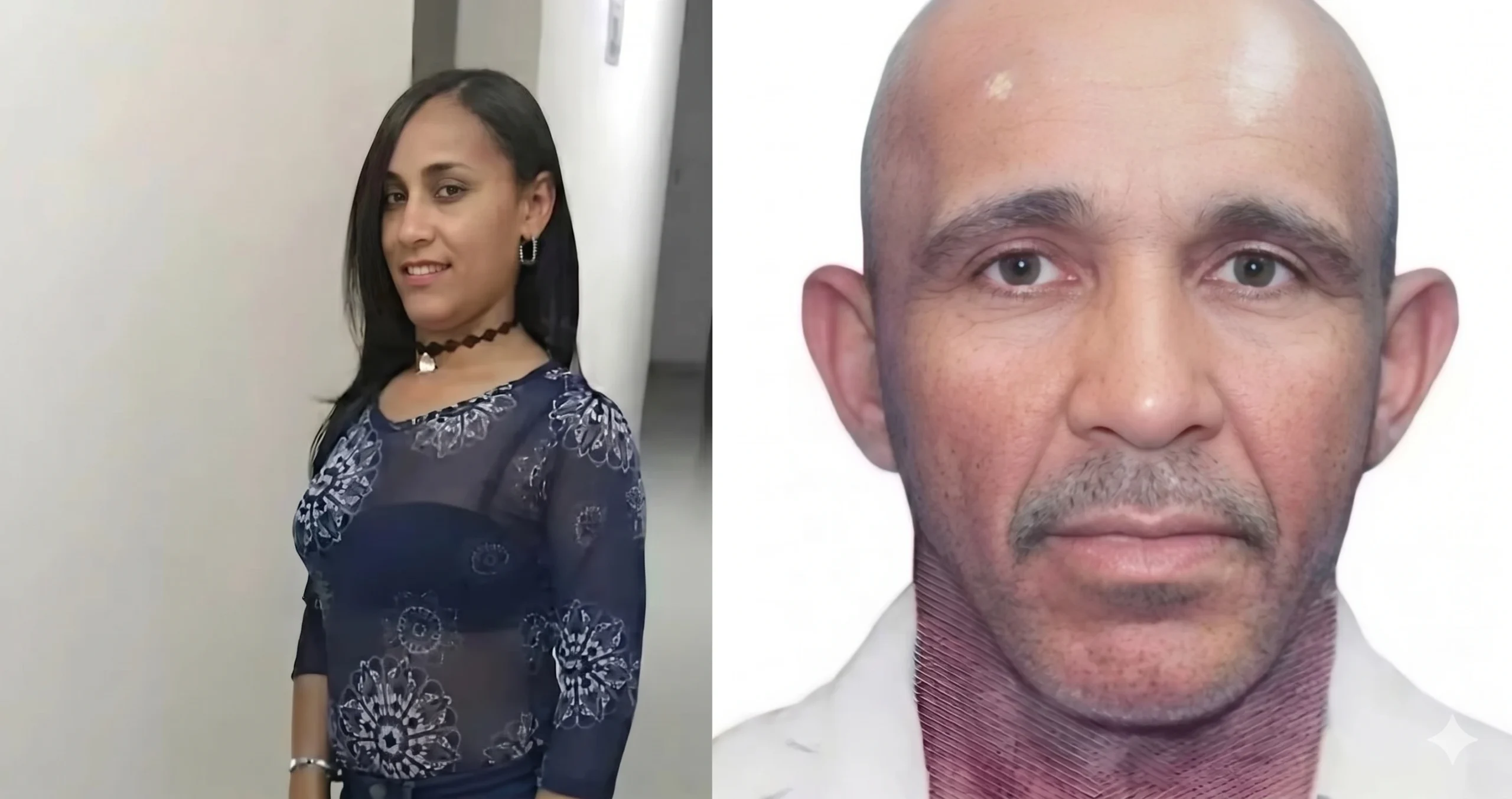 Two portrait halves: left shows a woman in a navy-blue floral dress standing sideways in a hallway; right shows a close-up of a bald man's face against a white background.