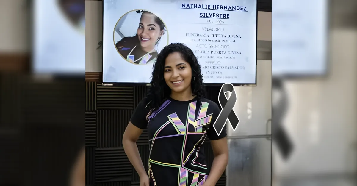 Smiling woman posing indoors with a memorial board behind her, a circular photo and text, and a black awareness ribbon nearby.