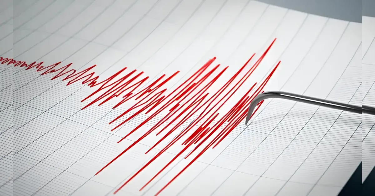 Close-up of a red ECG tracing on grid paper with a curved metallic medical tool nearby.