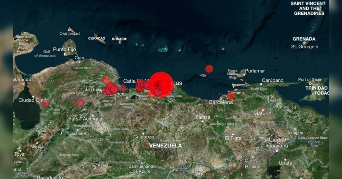 Satellite map of Venezuela and the Caribbean showing red circles marking earthquake epicenters along the north coast of the country and nearby islands.