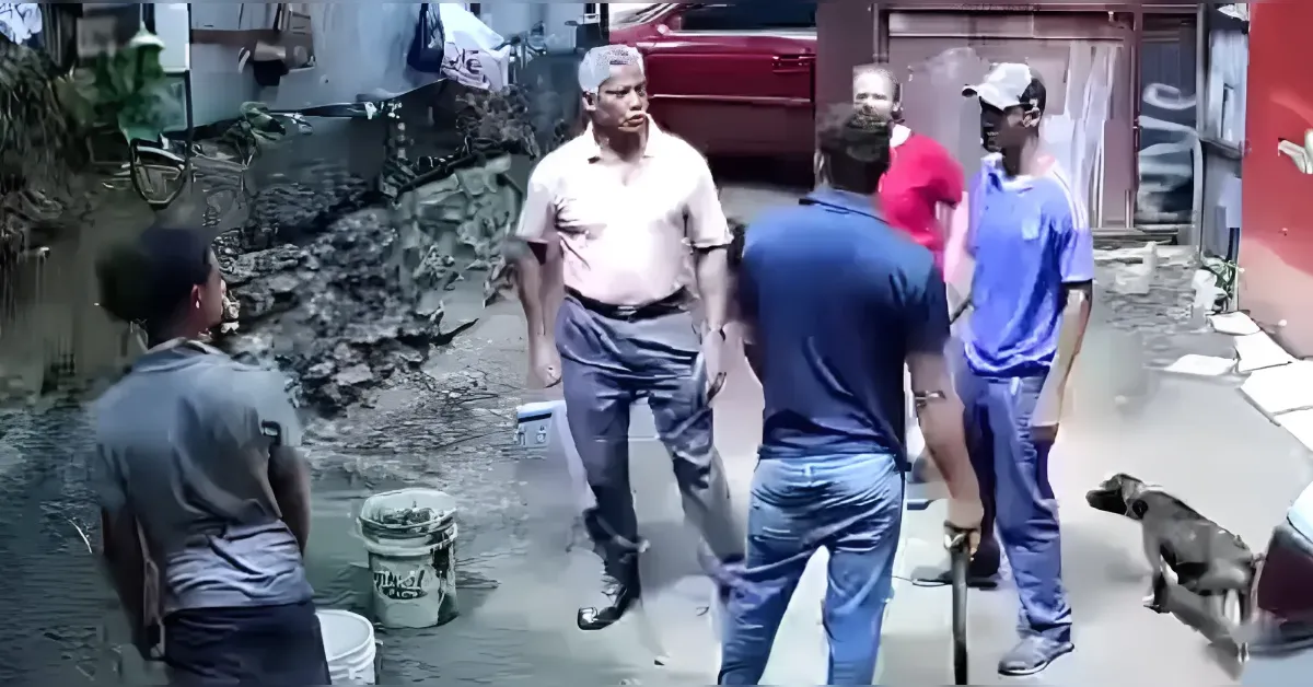 Group of men standing in waist-deep floodwater in a narrow alley, talking amid debris and buckets; a dog nearby.