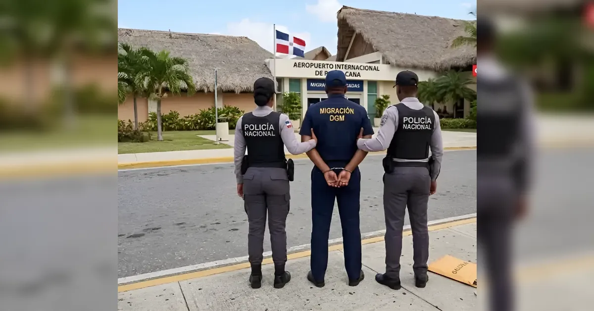 Three officers stand with a handcuffed detainee labeled 'MIGRACIÓN DGM' in front of the Punta Cana International Airport entrance.