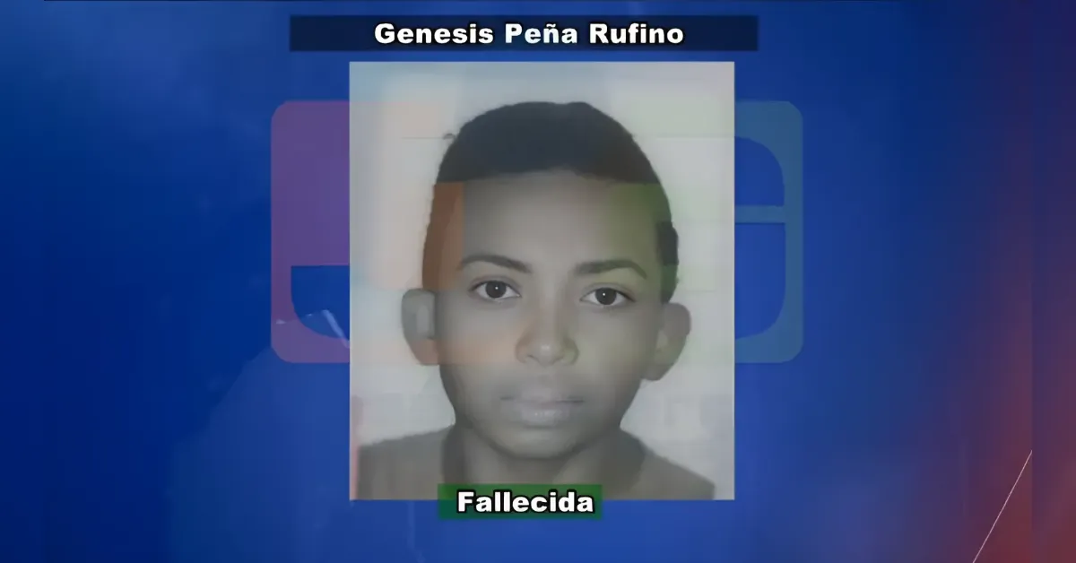 News broadcast graphic showing a grayscale portrait of a boy with the caption Genesis Peña Rufino and the label Fallecida.