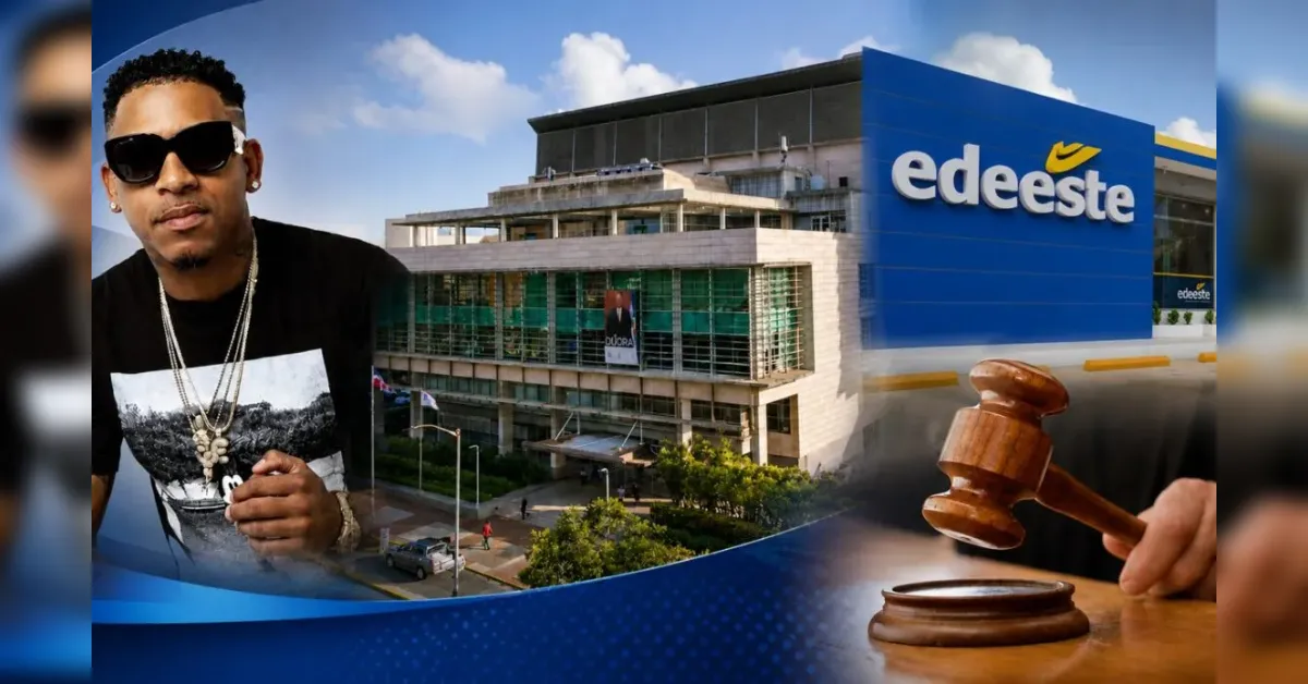 Composite image featuring a man in sunglasses and jewelry on the left, a modern building with 'edeeste' signage in the center, and a judge's gavel in the foreground on the right, implying a legal or consumer services theme.