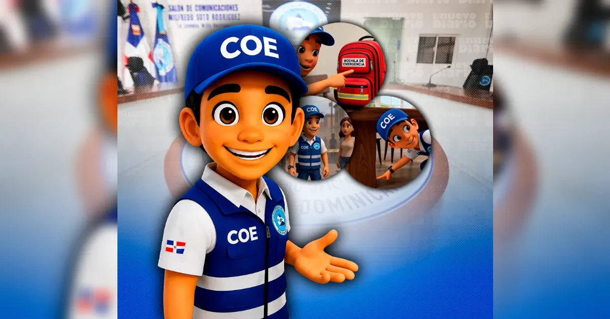 Animated COE emergency responder mascot in a blue uniform with a Dominican flag patch, presenting a collage of emergency scenes in circular cutouts.