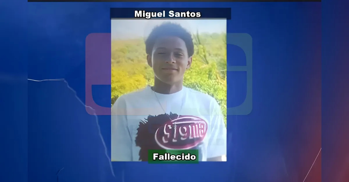 Memorial card for Miguel Santos: portrait photo with 'Fallecido' label at bottom over a sunlit background.