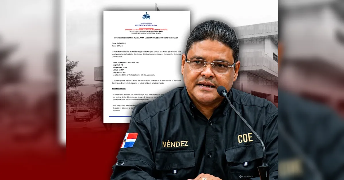 Man in a dark shirt with 'MÉNDEZ' and 'COE' patches speaks into a microphone at a press conference, with a document on a stand behind him.