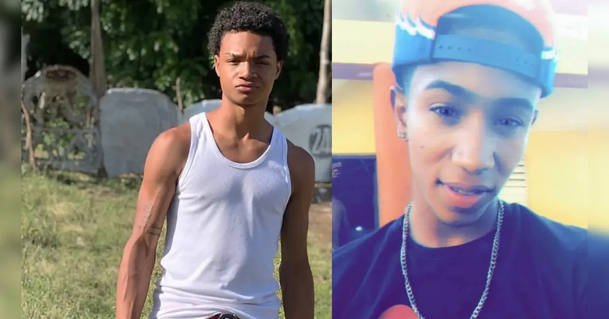 Two side-by-side photos of a young man: left image shows him outside in a white sleeveless shirt, looking at the camera with a neutral expression; right image shows him indoors wearing a backward blue cap, a chain necklace, and a black shirt, speaking or smiling slightly.