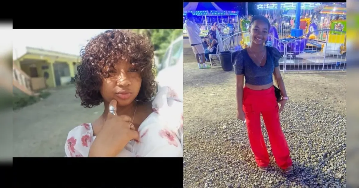 Side-by-side photos of a woman: left, curly hair in a floral top posing with hand near her chin; right, wearing a blue crop top and red pants at a carnival or amusement park.