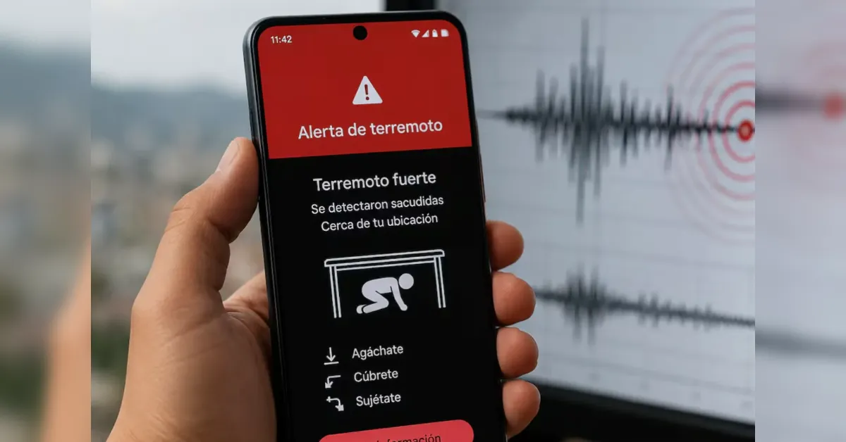 Phone screen shows an earthquake alert in Spanish: 'Alerta de terremoto' with 'Terremoto fuerte' and a shelter icon while held in a hand.