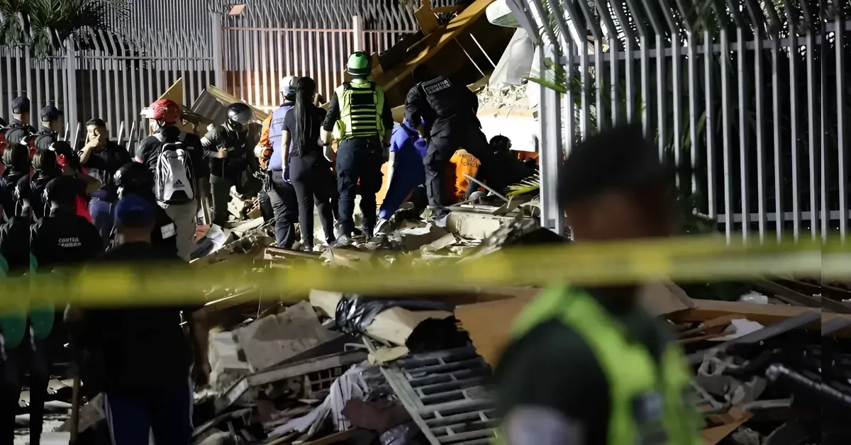 Emergency responders in helmets and high-visibility vests search through collapsed building debris behind yellow caution tape at a disaster site.