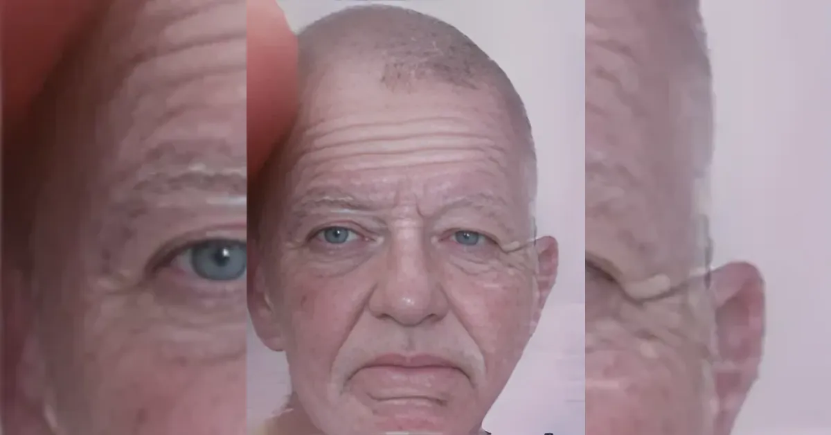 Triptych portrait of an older man with blue eyes and a serious expression; three-panel collage.