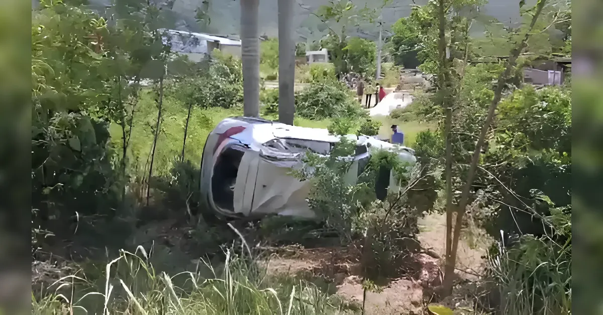 White sedan overturned on its side among bushes and trees in a grassy area, suggesting a crash.
