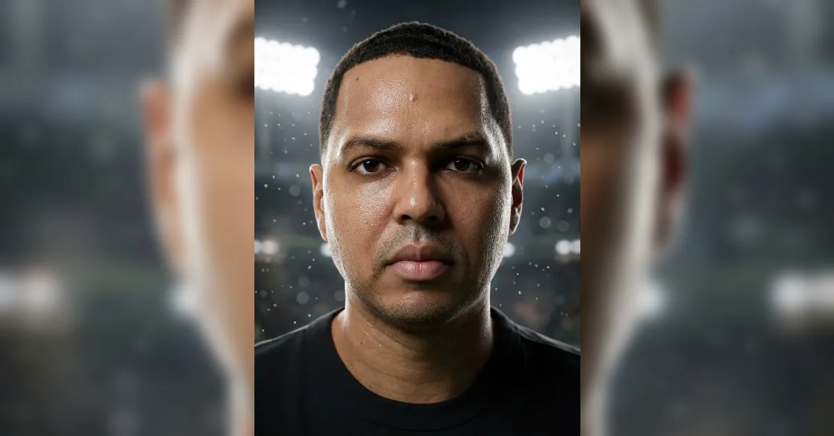 Close-up of a man’s face with a neutral expression, stadium lights blurred in the background, wearing a black shirt.
