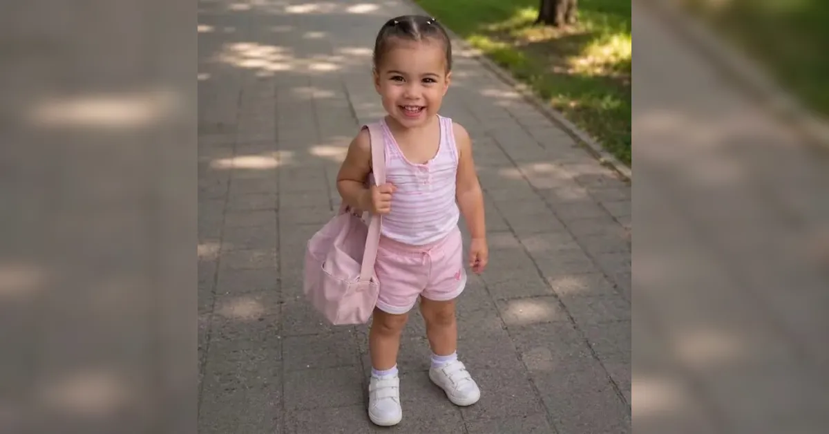 Little girl in a pink outfit with a pink backpack walking along a sunny sidewalk.