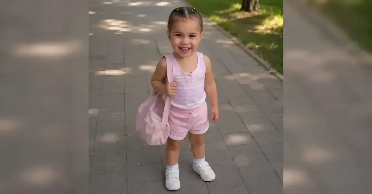 Smiling young girl in a pink outfit walking on a sidewalk with a pink backpack.