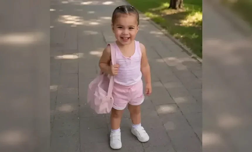 Young girl in a pink outfit with a matching pink bag walking on a paved sidewalk, smiling at the camera.