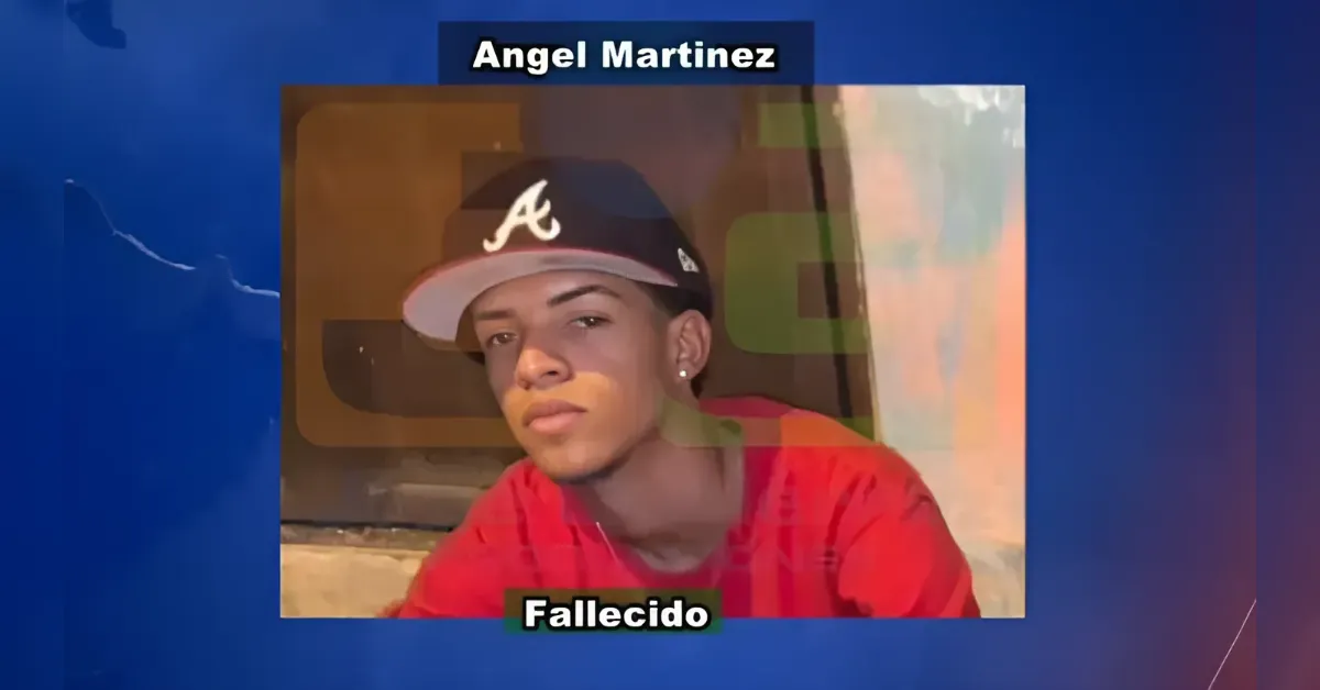 Obituary-style portrait of Angel Martinez wearing a red shirt and a baseball cap, with 'Fallecido' at the bottom.