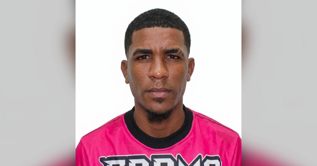Portrait of a man with short black hair and a goatee wearing a bright pink graphic T-shirt against a white background.
