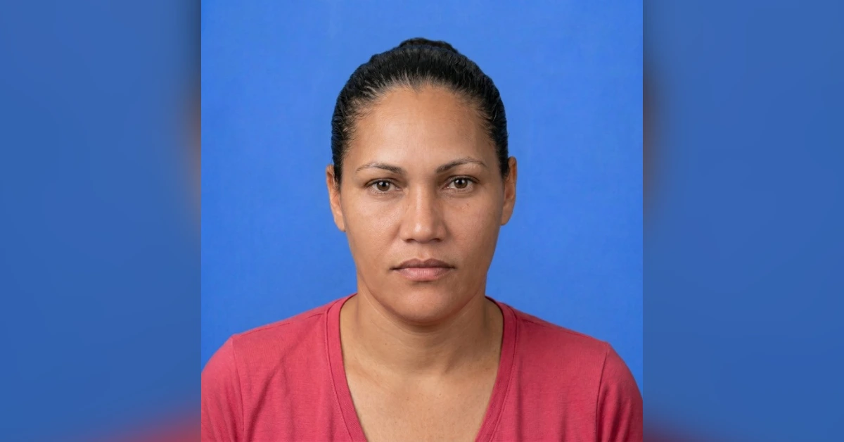 Head-and-shoulders portrait of a woman with dark hair tied back, wearing a pink top, against a blue studio background.