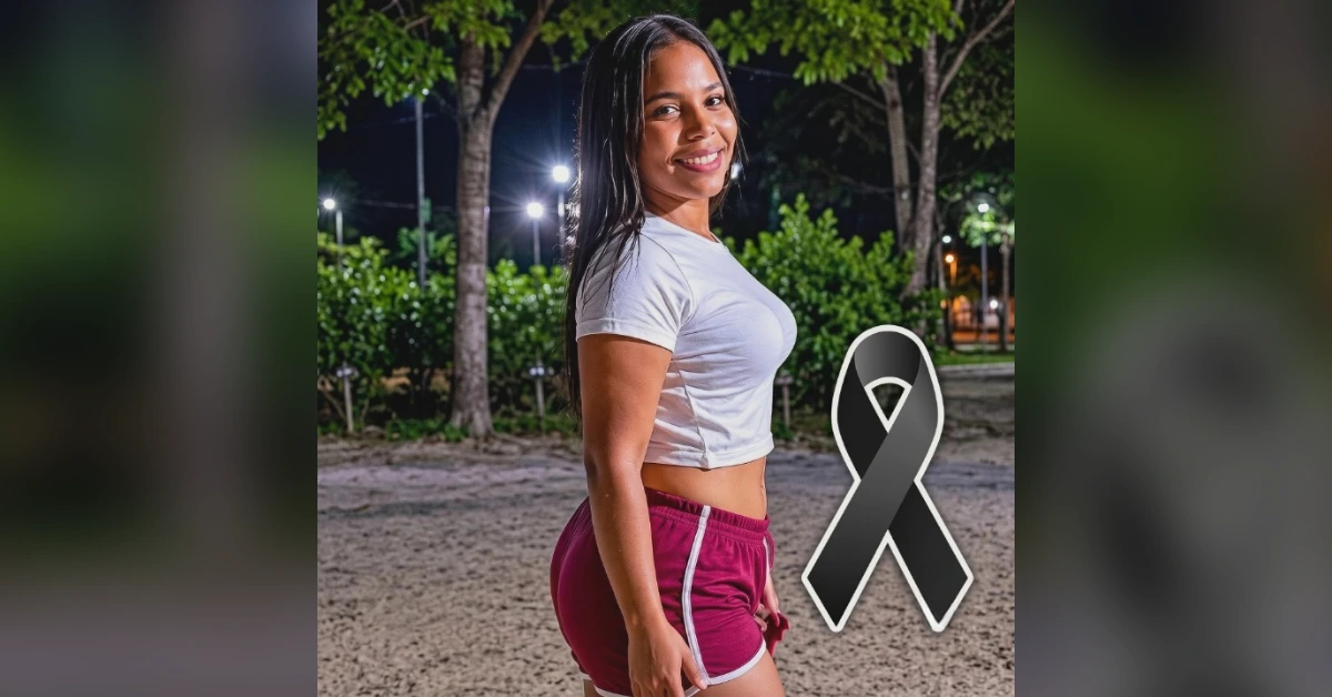 Smiling woman in a white crop top and maroon shorts stands at night in a park, with a black awareness ribbon overlay.