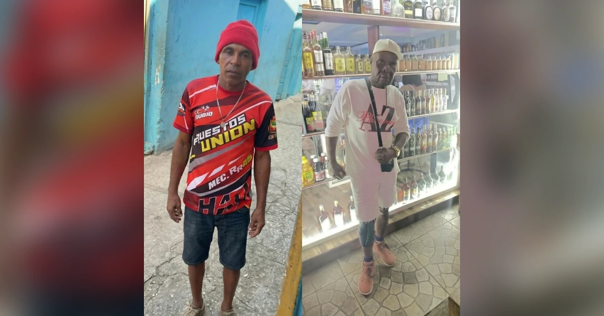 Two men posing side by side: left in a red beanie and red graphic shirt, right in a white outfit with a cap, by a liquor store display on the right.