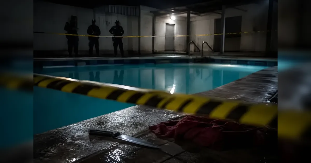 Indoor pool at night with yellow police tape, three officers in the background, a knife and red cloth on the wet deck.