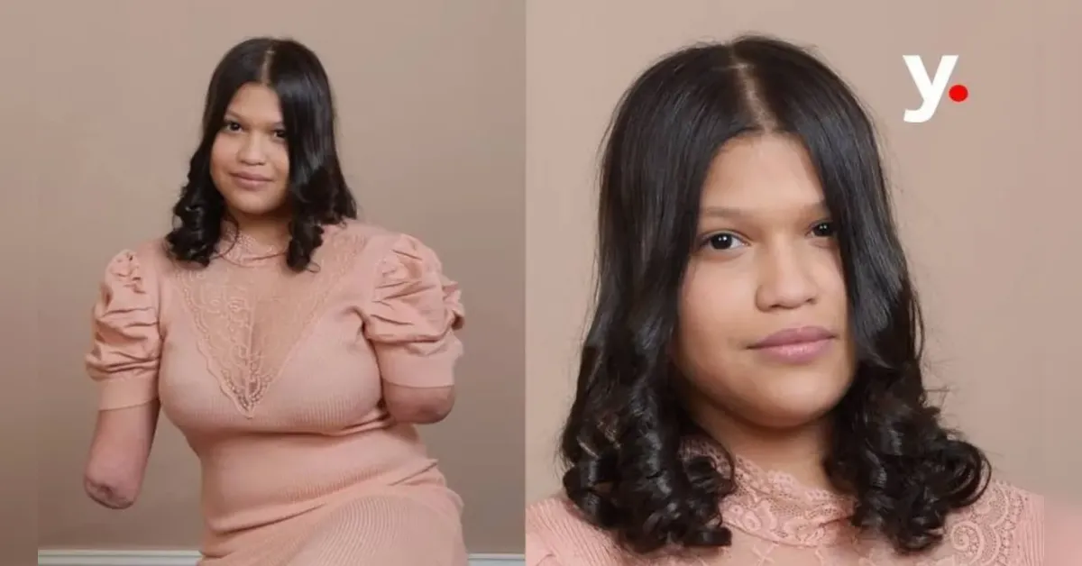 Two-panel portrait of a young woman with dark hair in a pink knit dress; left panel shows her seated, right panel is a close-up headshot against a beige background.