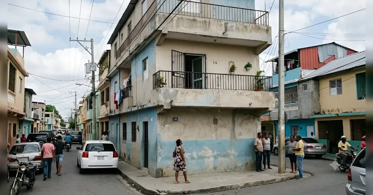 Busy urban street scene with a weathered blue corner building and people gathered on the sidewalk.