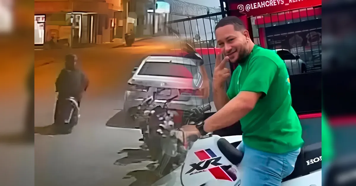 Man in a bright green shirt sits on a white Honda XR motorcycle, smiling and making a peace sign toward the camera in a nighttime urban setting with a blurred left figure in the background.