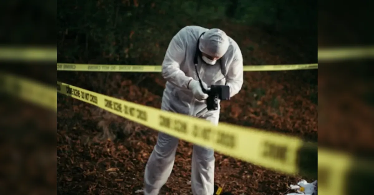 Person in a full hazmat suit and mask at an outdoor crime scene, yellow caution tape in the foreground.