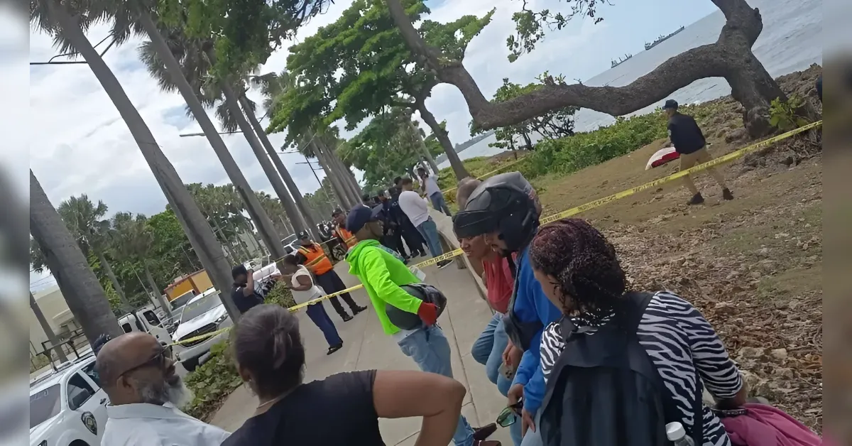 Crowd of people behind yellow caution tape along a seaside promenade with palm trees and a rocky beach in the background.