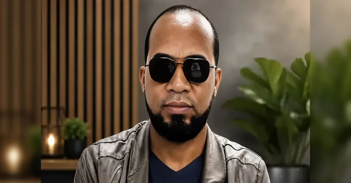 Portrait of a man in black sunglasses and a gray leather jacket indoors, with plants in the background.