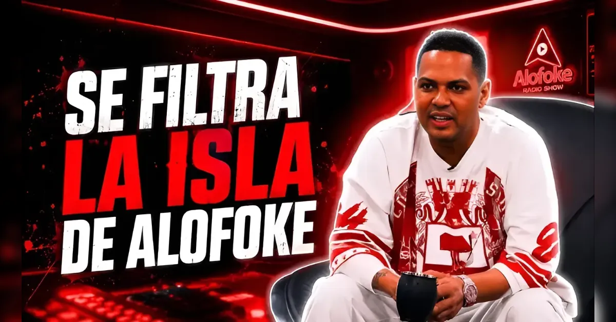 Video thumbnail: man in white and red outfit seated in a studio, with bold white and red title text 'SE FILTRA LA ISLA DE ALOFOKE' and a small Alofoke logo nearby.