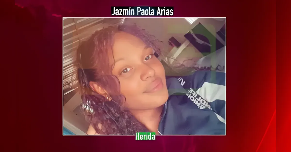 Portrait of Jazmín Paola Arias in a framed photo on a red TV news backdrop, with a green 'Herida' label at the bottom.