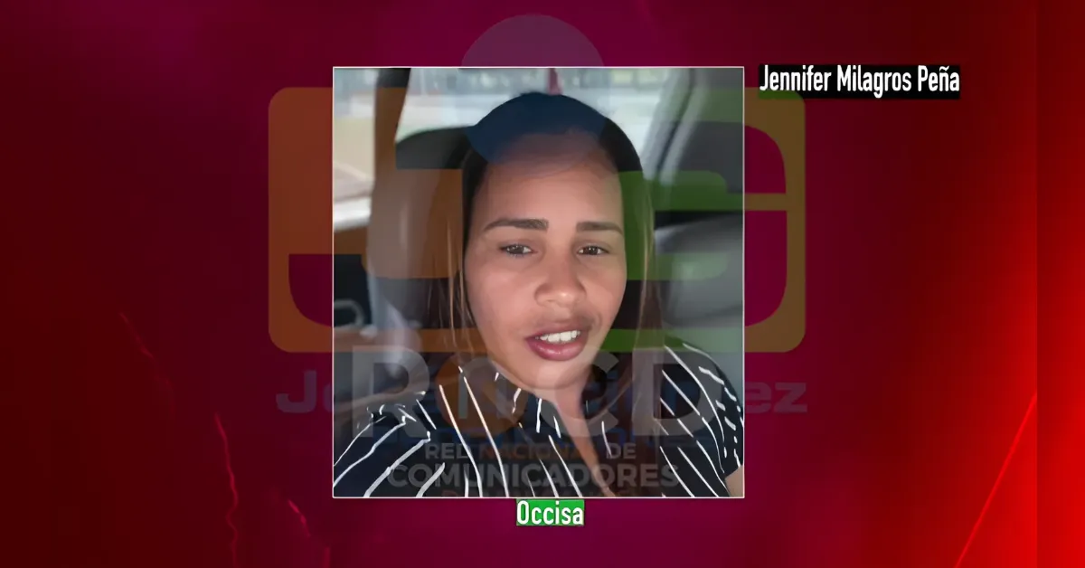 Video still of a woman speaking inside a car; top-right shows 'Jennifer Milagros Peña' and bottom has a green 'Occisa' label.