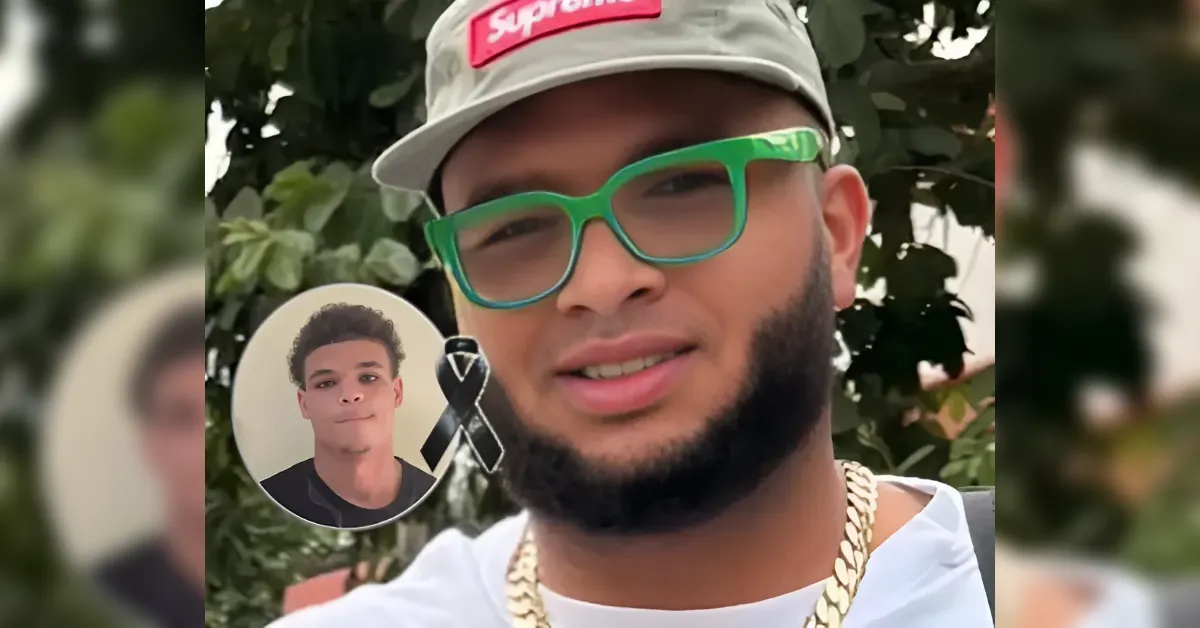 Young man wearing green-framed glasses, a beige cap with 'Supreme,' and a gold chain outdoors; circular inset shows another man and a black mourning ribbon indicating tribute.