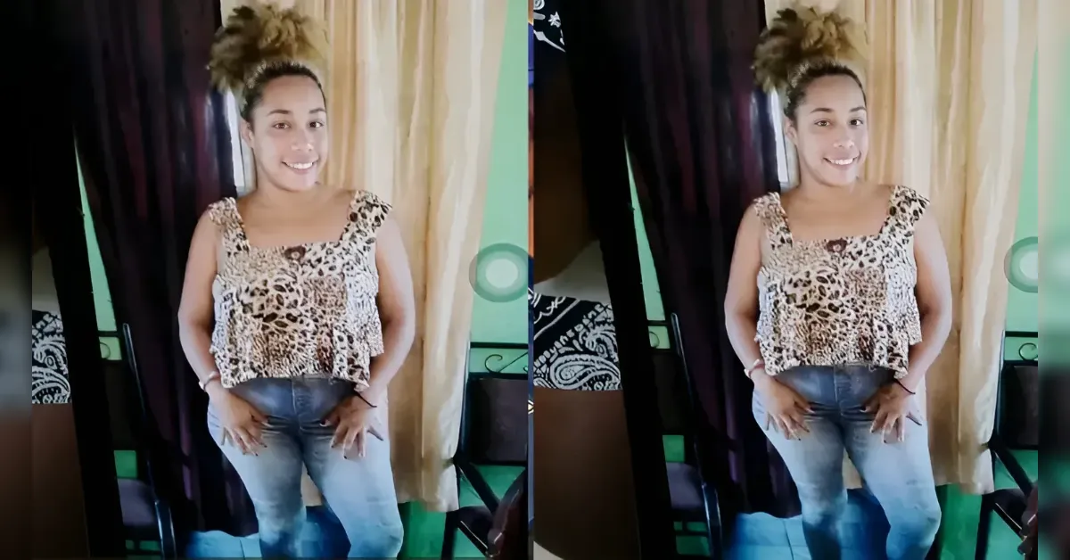 Two side-by-side images of a smiling woman in a leopard-print sleeveless top and jeans, standing with hands on hips in front of beige curtains.