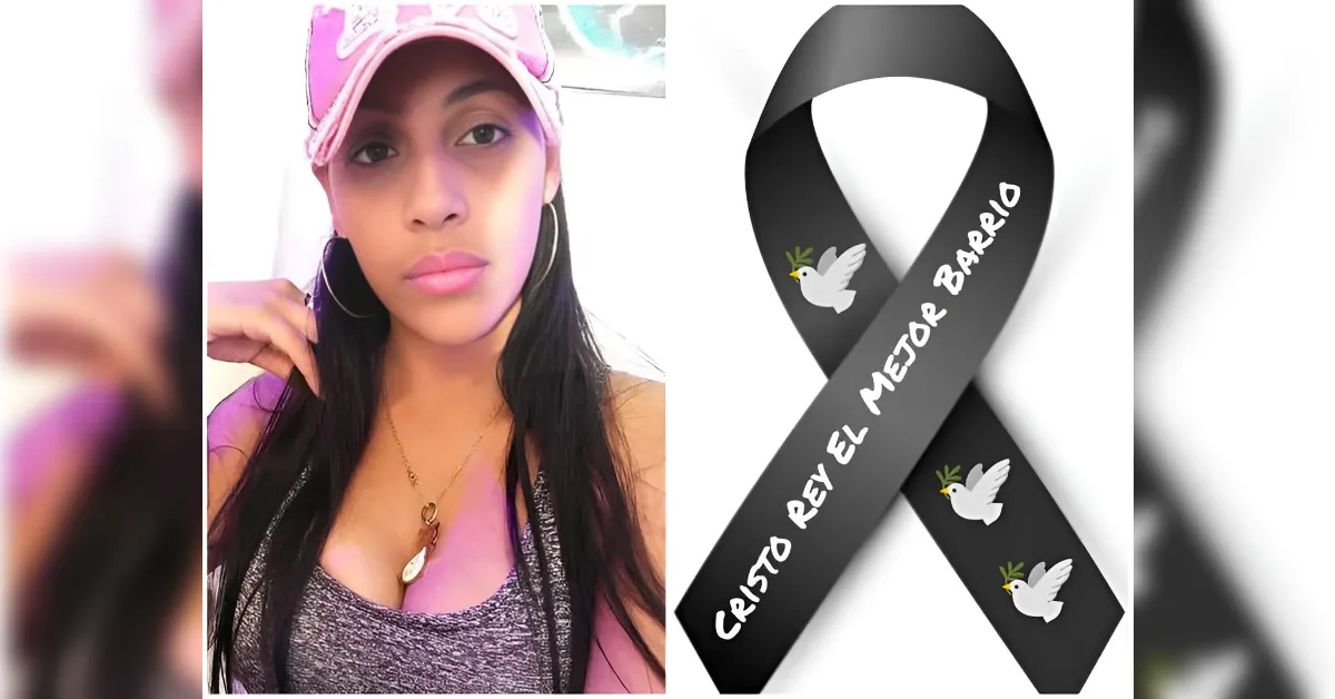 Portrait of a young woman in a pink cap on the left, next to a black awareness ribbon with doves and Spanish text, suggesting a memorial.