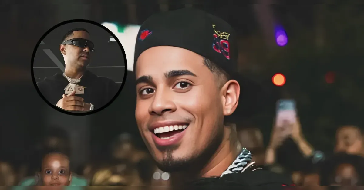 Smiling man in a black cap at a crowded event; inset shows another man in sunglasses holding cash and jewelry, spotlighted circle on his chest.
