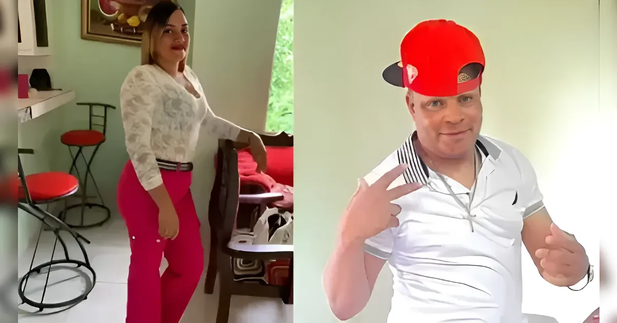 A split-screen image showing two people: left, a woman in white lace top and bright pink pants in a room; right, a man in a white polo and red cap posing with his fingers up.