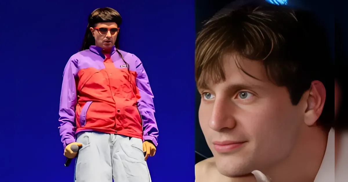 Split-image: on the left, a performer in a purple/orange jacket and orange gloves on a blue stage; on the right, a close-up of a man with light brown hair smiling.