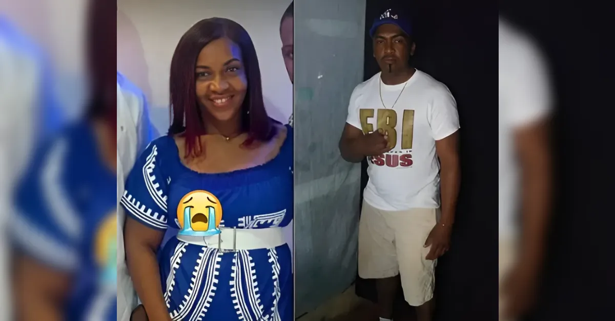 Split image of a smiling woman in a blue patterned dress on the left (crying emoji overlay on her torso) and a man in a white 'FBI' T-shirt with beige shorts on the right against a dark background.
