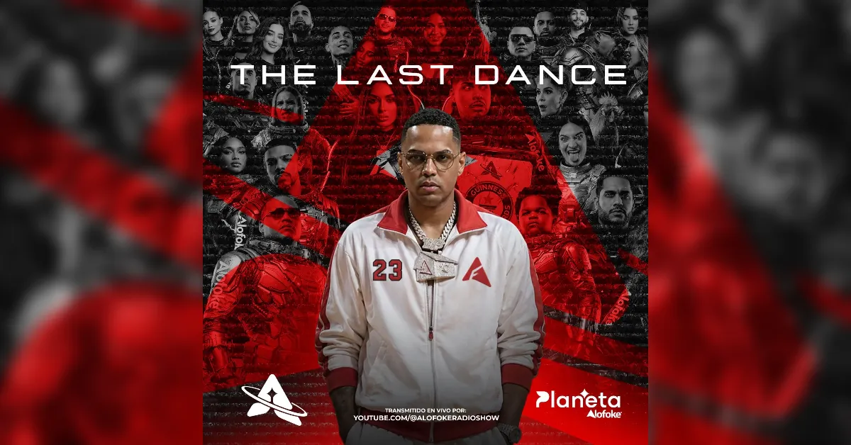 Promotional poster for 'The Last Dance' featuring a man in a white jacket with red accents and jewelry, centered against a red-tinted collage of faces, with logos at the bottom.