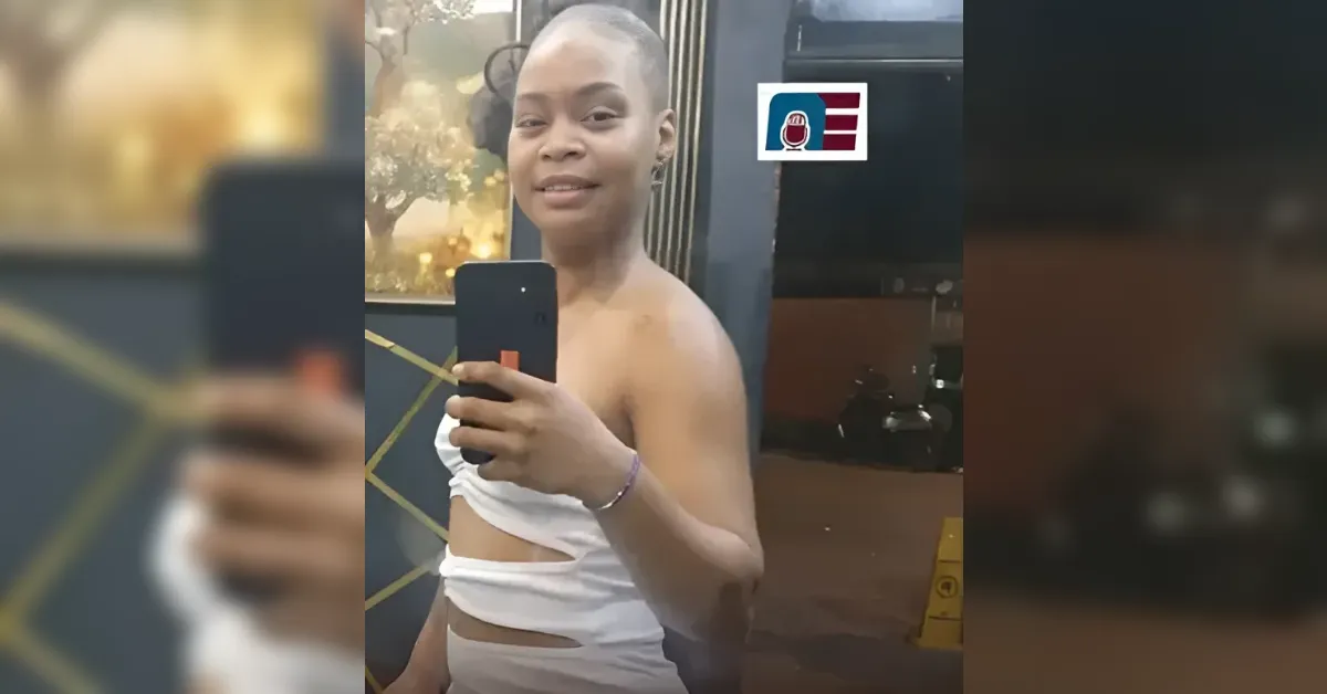 Smiling woman taking a mirror selfie outdoors in a white two‑piece outfit, holding a black smartphone.