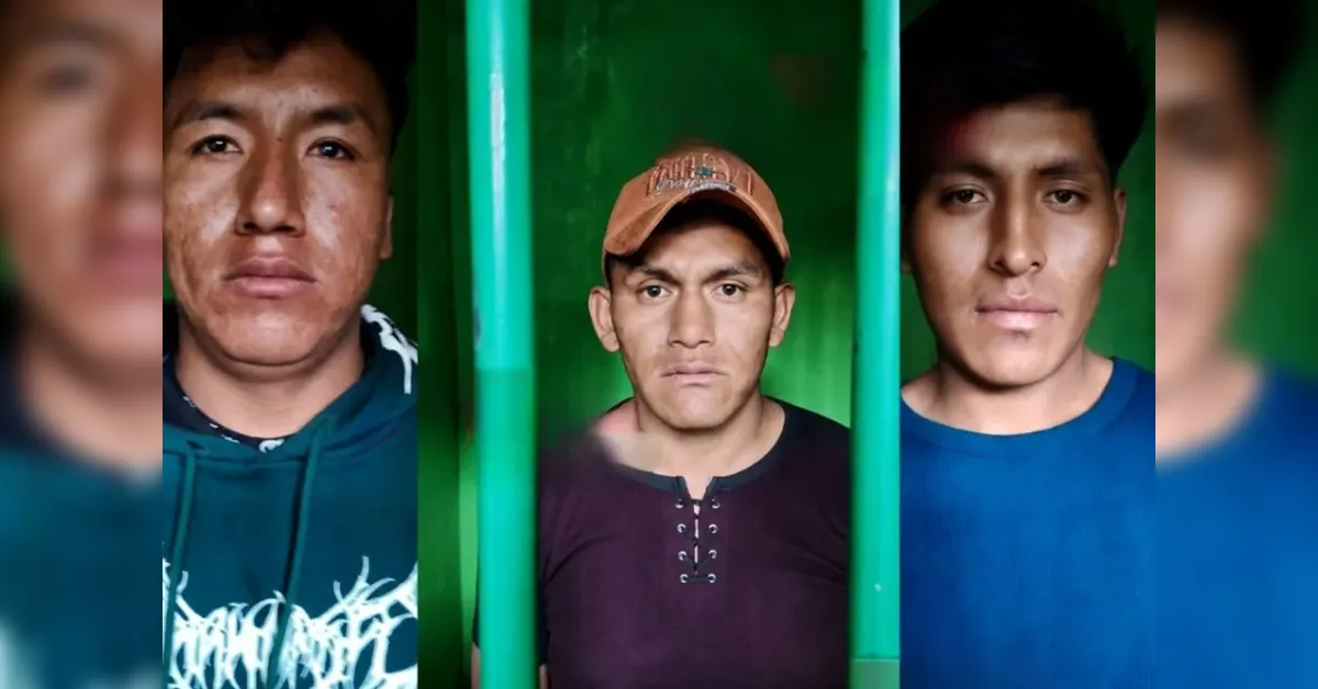 Three men stand behind vertical green bars, looking at the camera with serious expressions.